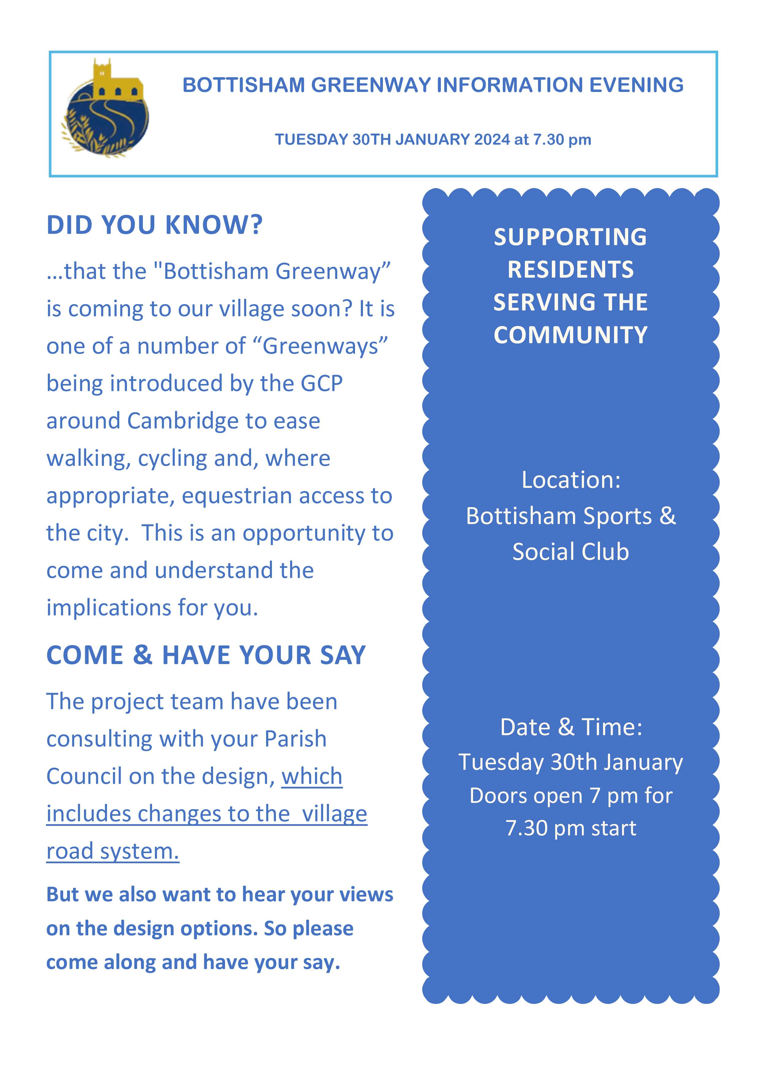 Bottisham Greenway Information Evening - 30th January 2024